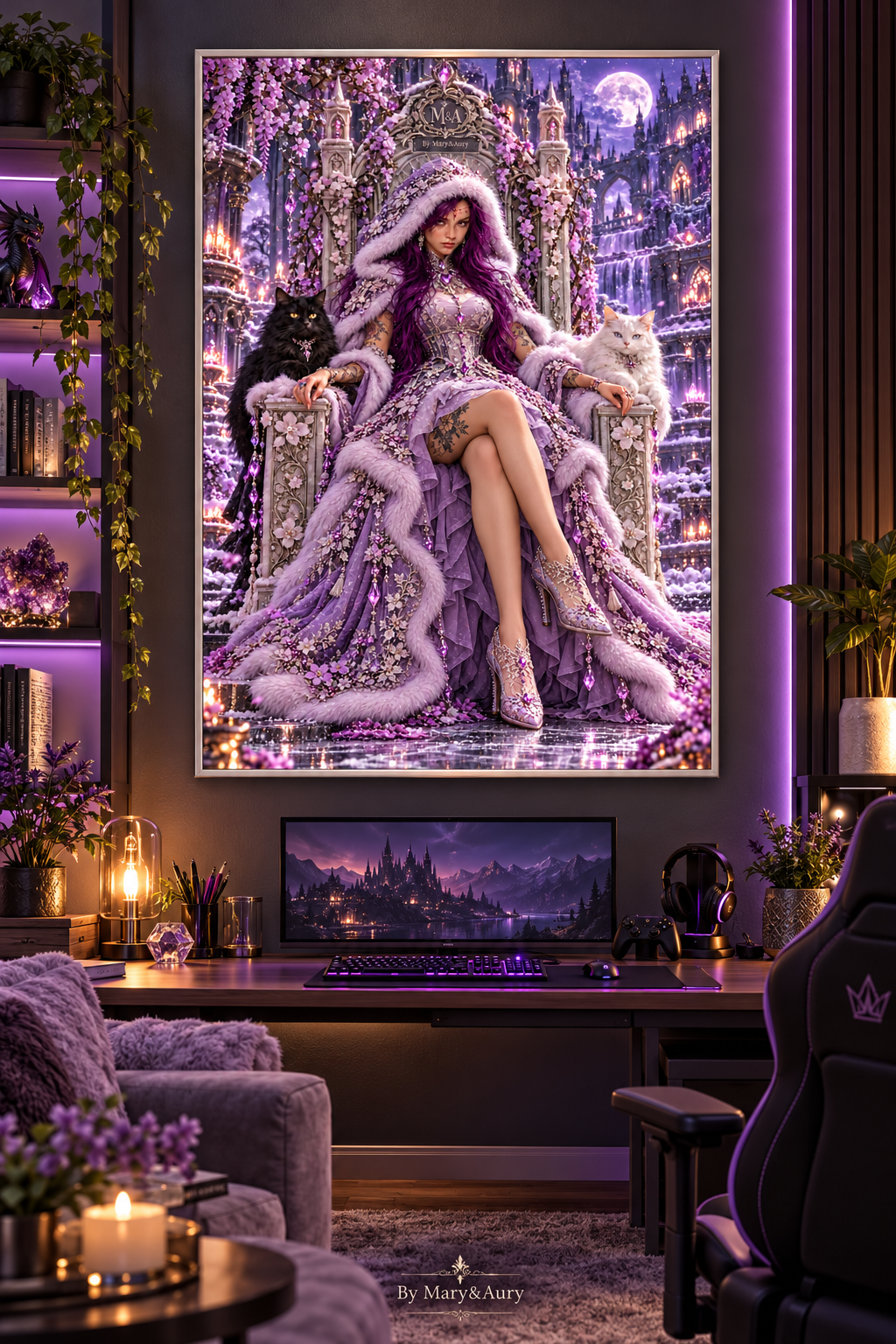 Poster Regina delle Nevi sul trono in una sala gaming con illuminazione viola.