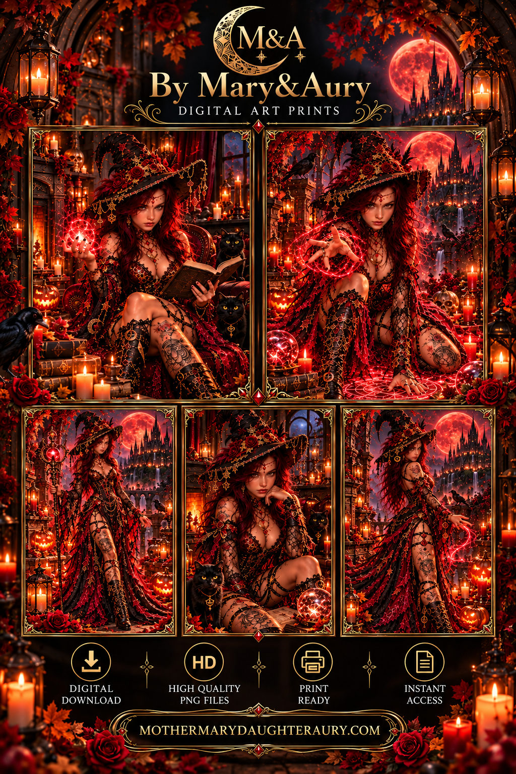 Aury Gothic Witch Digital Art Print con volto di Aury, magia rossa e atmosfera dark fantasy.