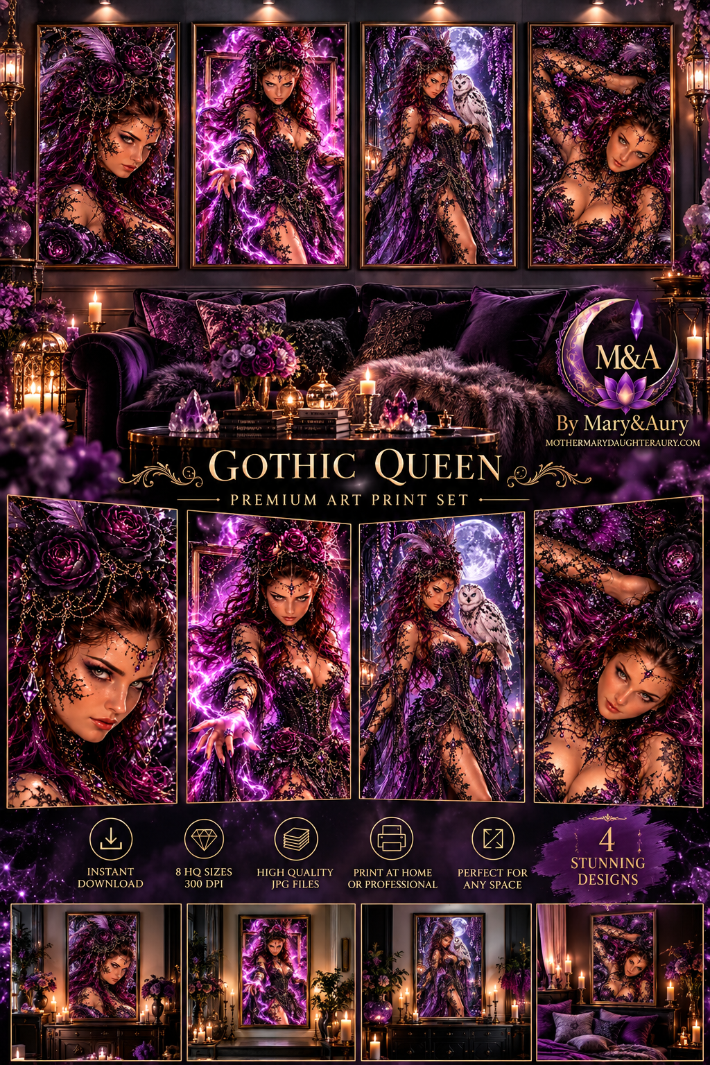 Gothic Queen complete collection: four dark fantasy art prints displayed in a purple gothic interior