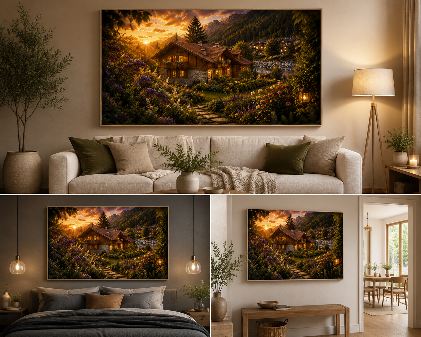 Fantasy Alpine Chalet at Sunset - mockup in living room, bedroom and hallway