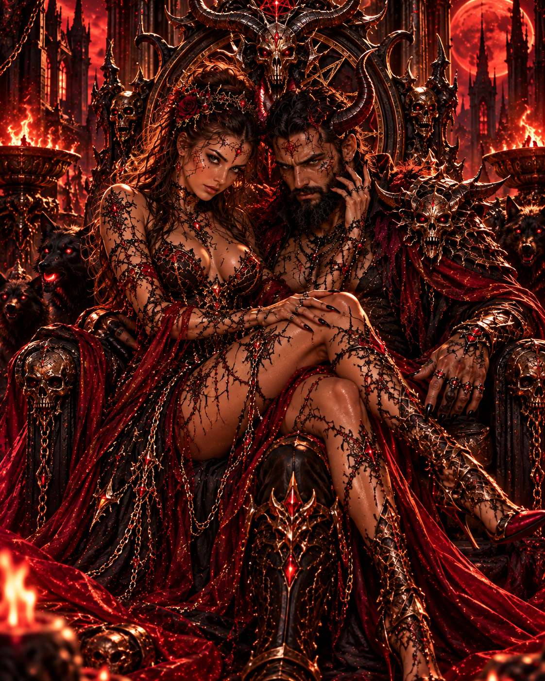 Re e regina demoniaci sul trono cremisi con armature oscure – By Mary&Aury