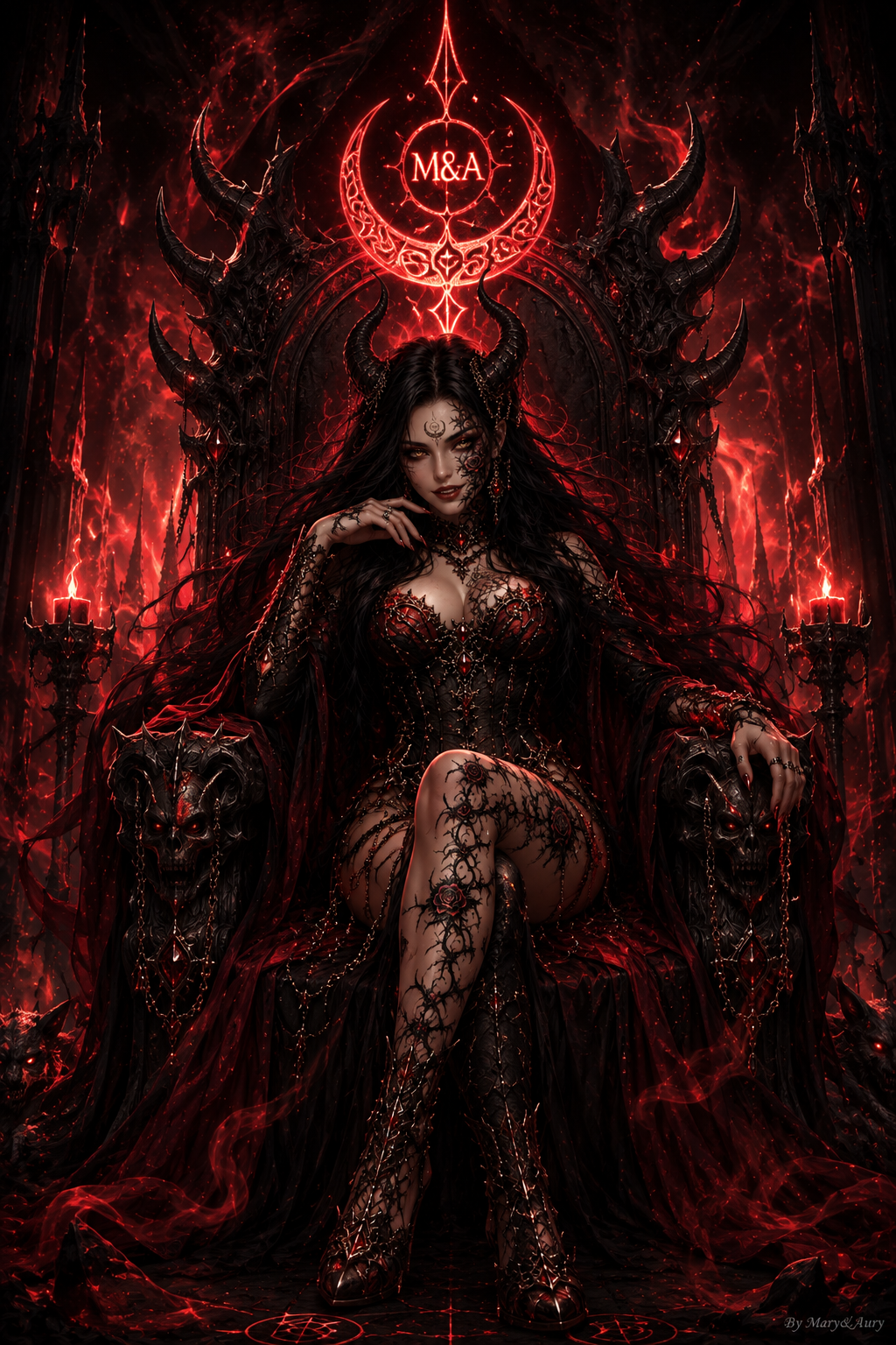 Zyra Noctis, regina demoniaca dark fantasy sul trono infernale con corna, rose nere e sigillo M&A