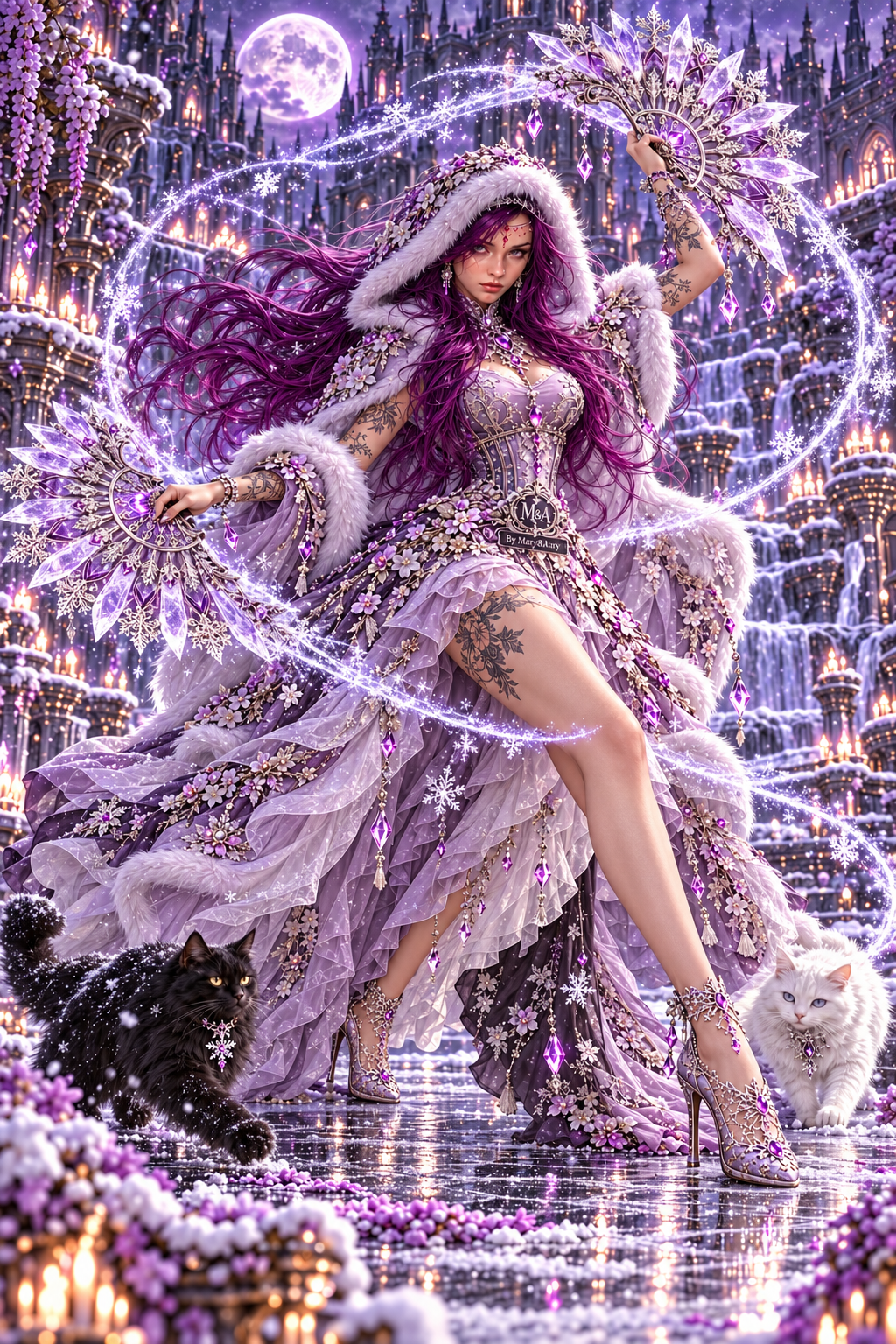 Regina viola con ventagli di ghiaccio e scie luminose, poster fantasy digitale.