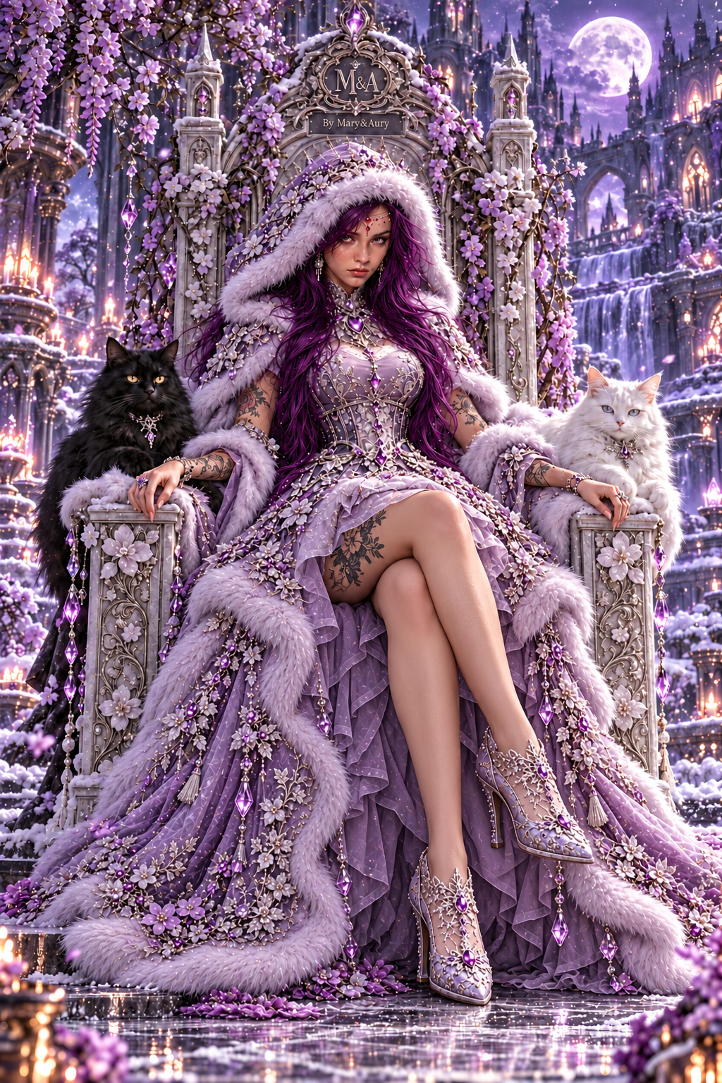 Regina delle nevi sul trono in abito lilla con due gatti, poster fantasy digitale.