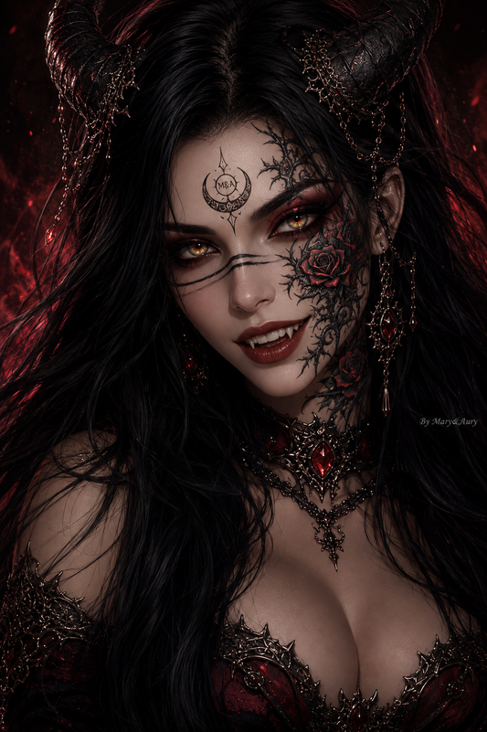 Zyra Noctis, regina demone dark fantasy tra fiamme cremisi, capelli neri, corna e rose