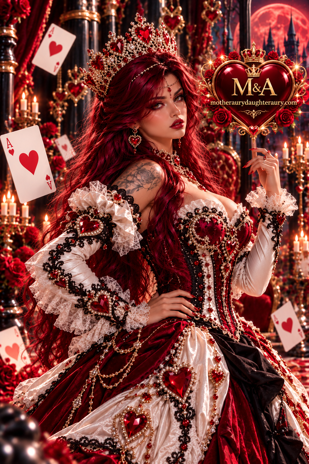 Regina di Cuori Aury in abito cremisi e avorio con corona di cuori e gioielli dorati – By Mary&Aury