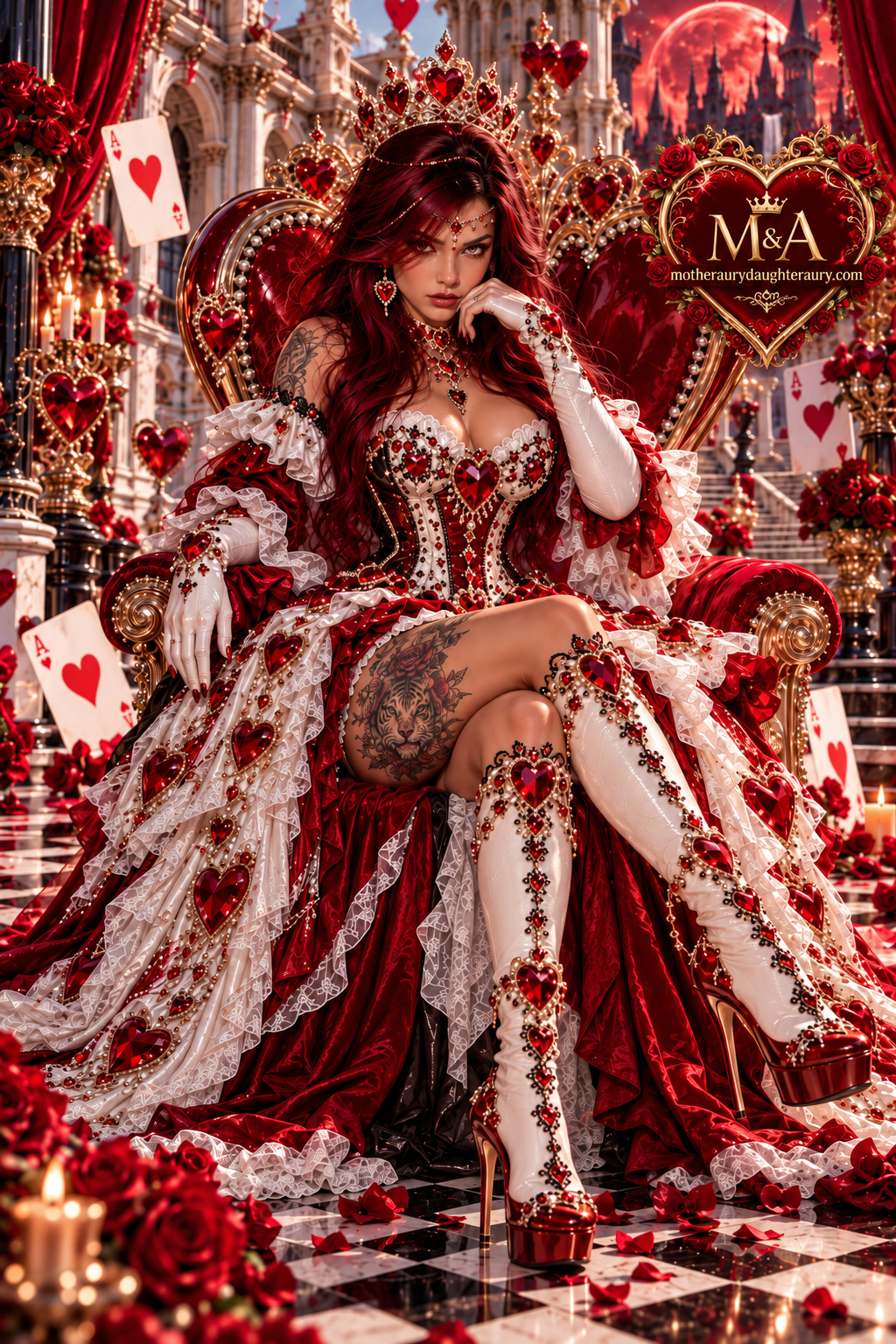 Regina di Cuori Aury sul trono cremisi con abito gotico e stivali decorati con cuori