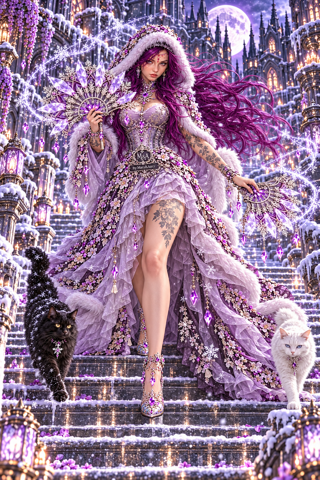 Regina delle nevi sulla scalinata con capelli viola e ventagli d’ametista.
