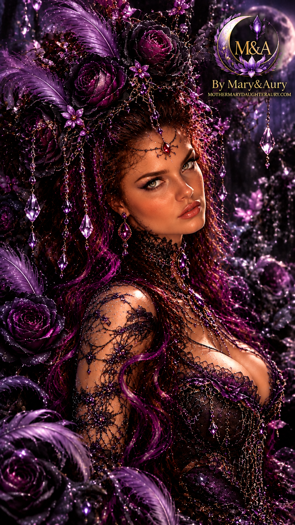 Gothic Queen Mary portrait surrounded by purple roses and crystals