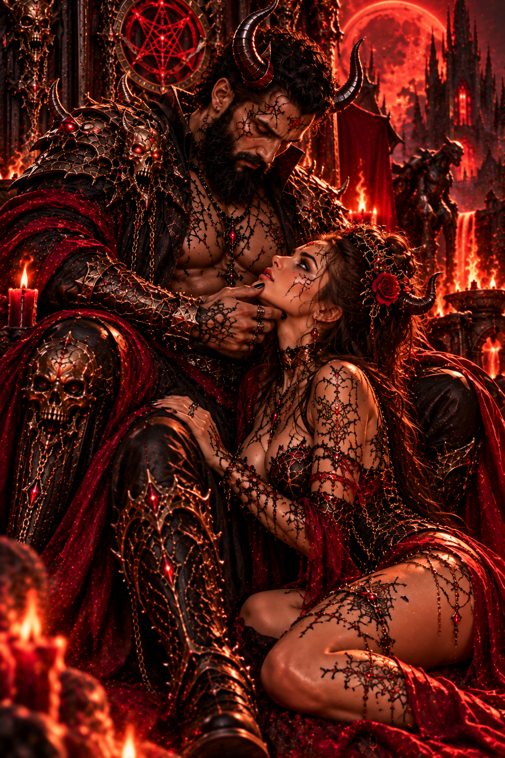 Mary e Satana seduti insieme sul trono infernale sotto una luna rossa – Dark Fantasy By Mary&Aury
