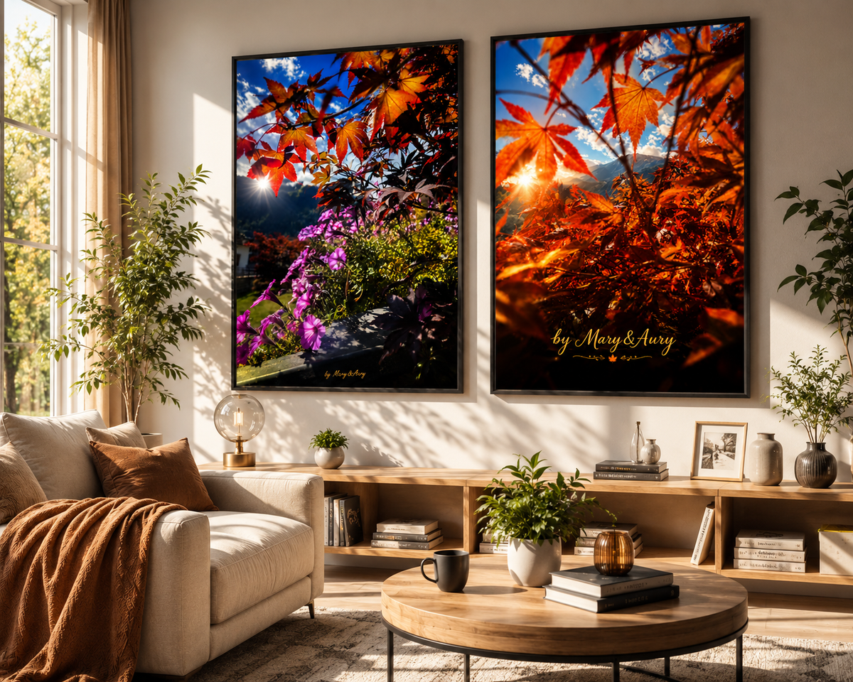 Soggiorno moderno con arte autunnale – mockup poster Mary&Aury