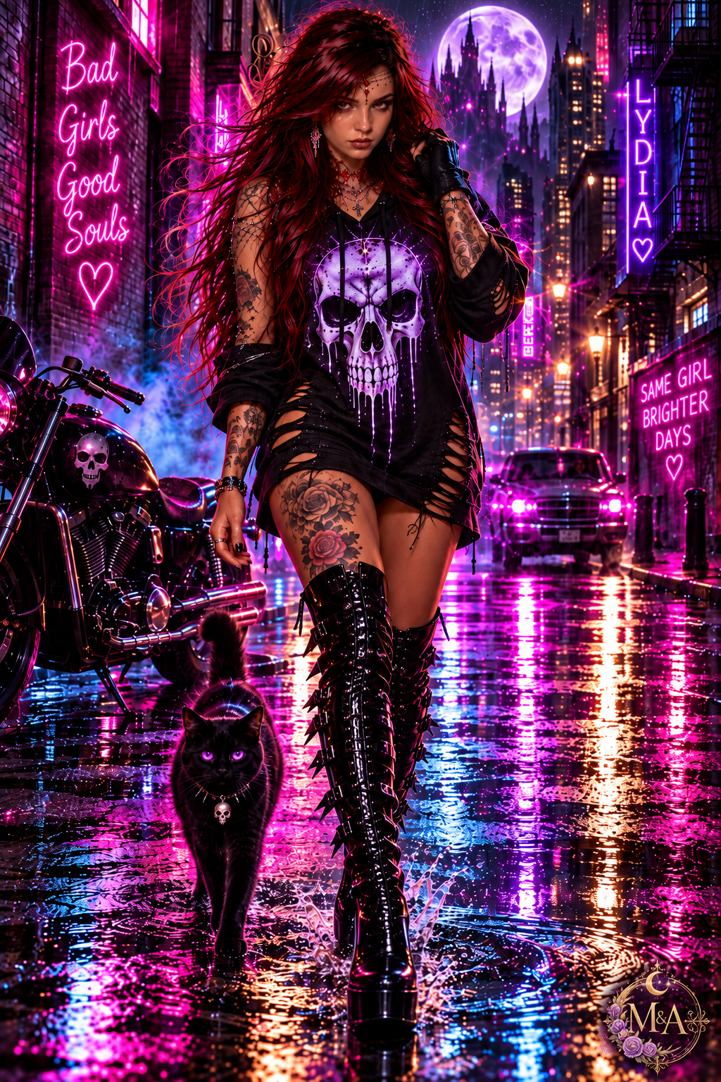 Aury cammina con un gatto nero accanto alla moto in una città gotica dai neon viola