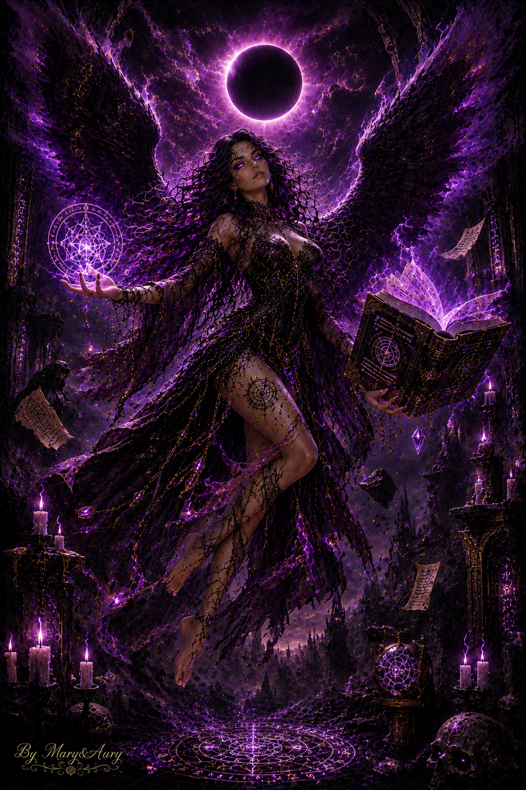 Strega alata sotto l'eclissi viola
