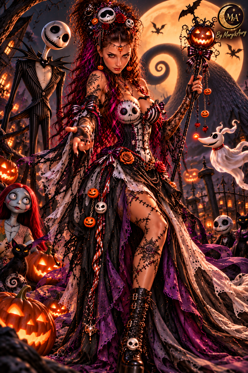Gothic Halloween Queen printable digital artwork under an orange moon