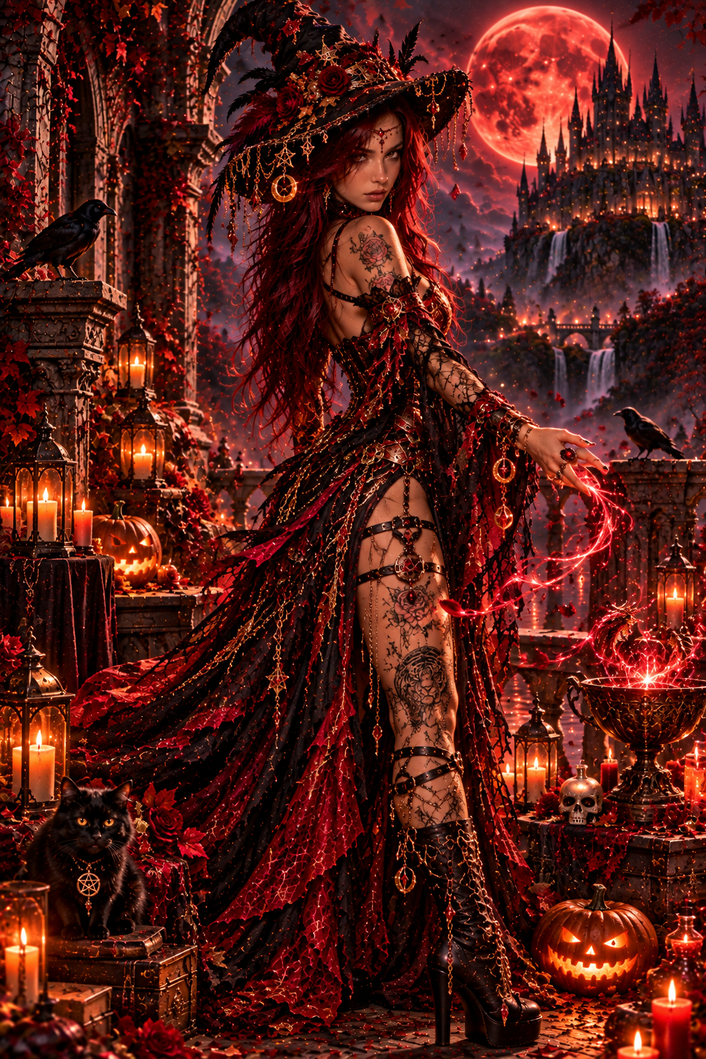 Aury Gothic Witch Digital Art Print con volto di Aury, magia rossa e atmosfera dark fantasy.