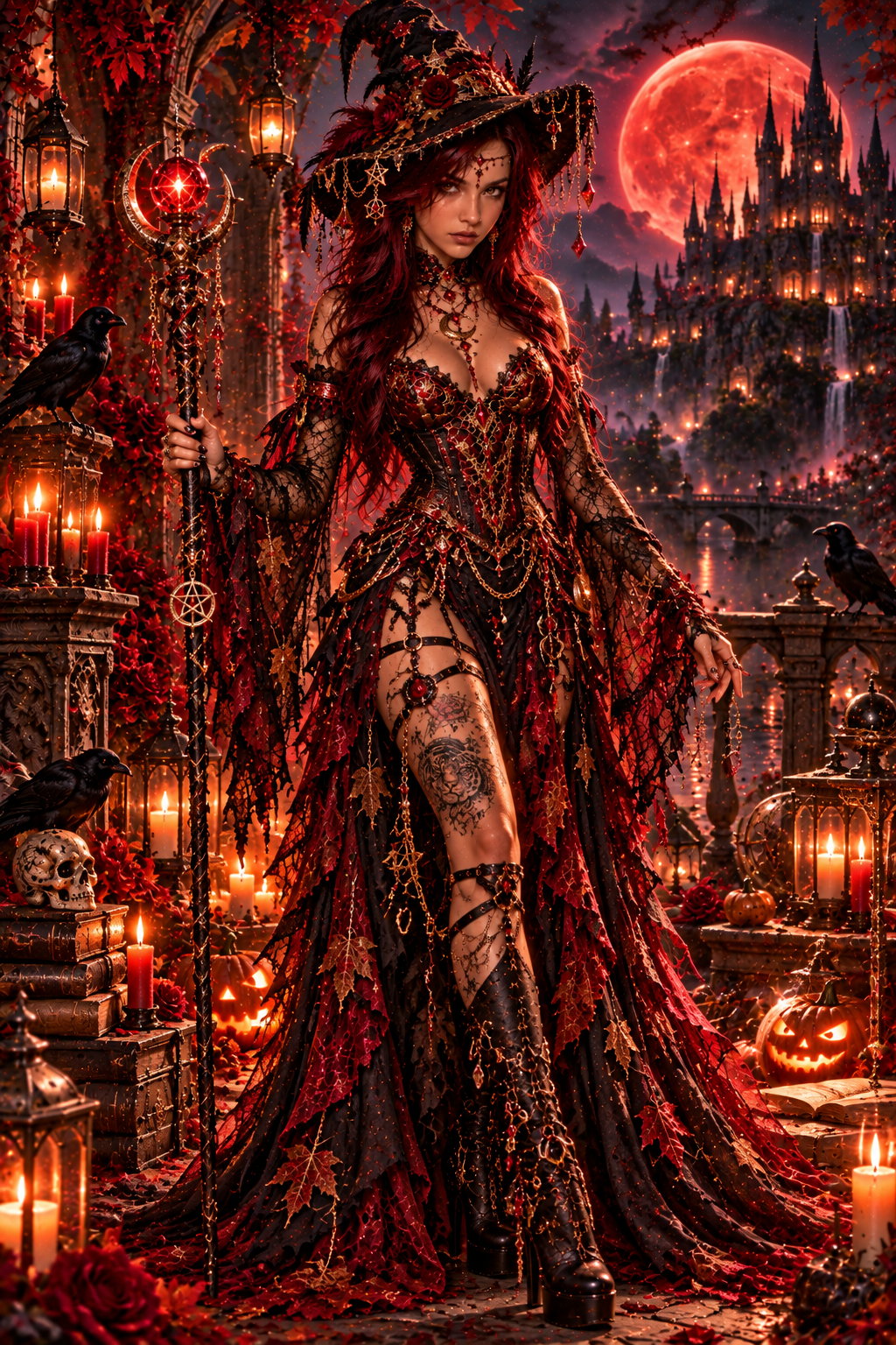Aury Gothic Witch Digital Art Print con volto di Aury, magia rossa e atmosfera dark fantasy.