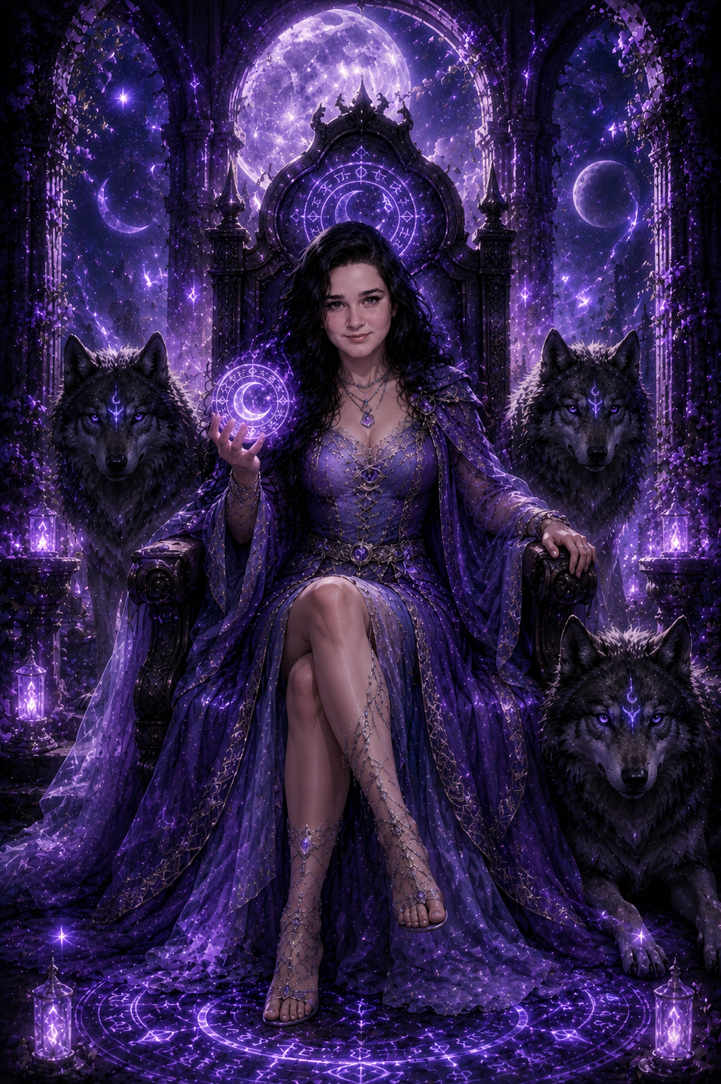 Aurora e i Lupi della Luna – Poster Fantasy Dark Viola Digitale | Arte Magica delle Rune Lunari | Download PNG Alta Qualità