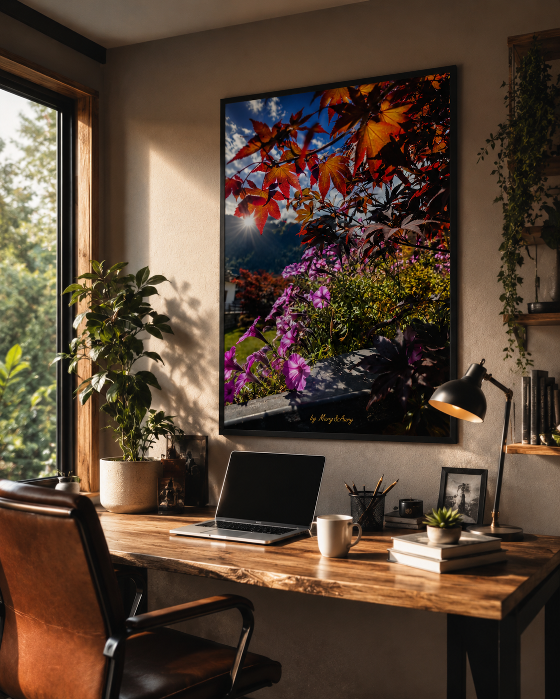 Ufficio rustico illuminato dal sole – mockup poster Mary&Aury