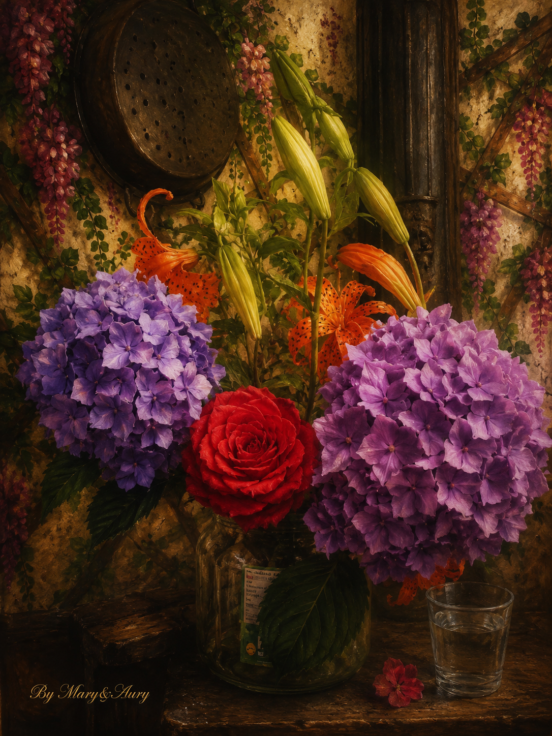 Vaso floreale rustico – ortensia, rosa rossa e lilium