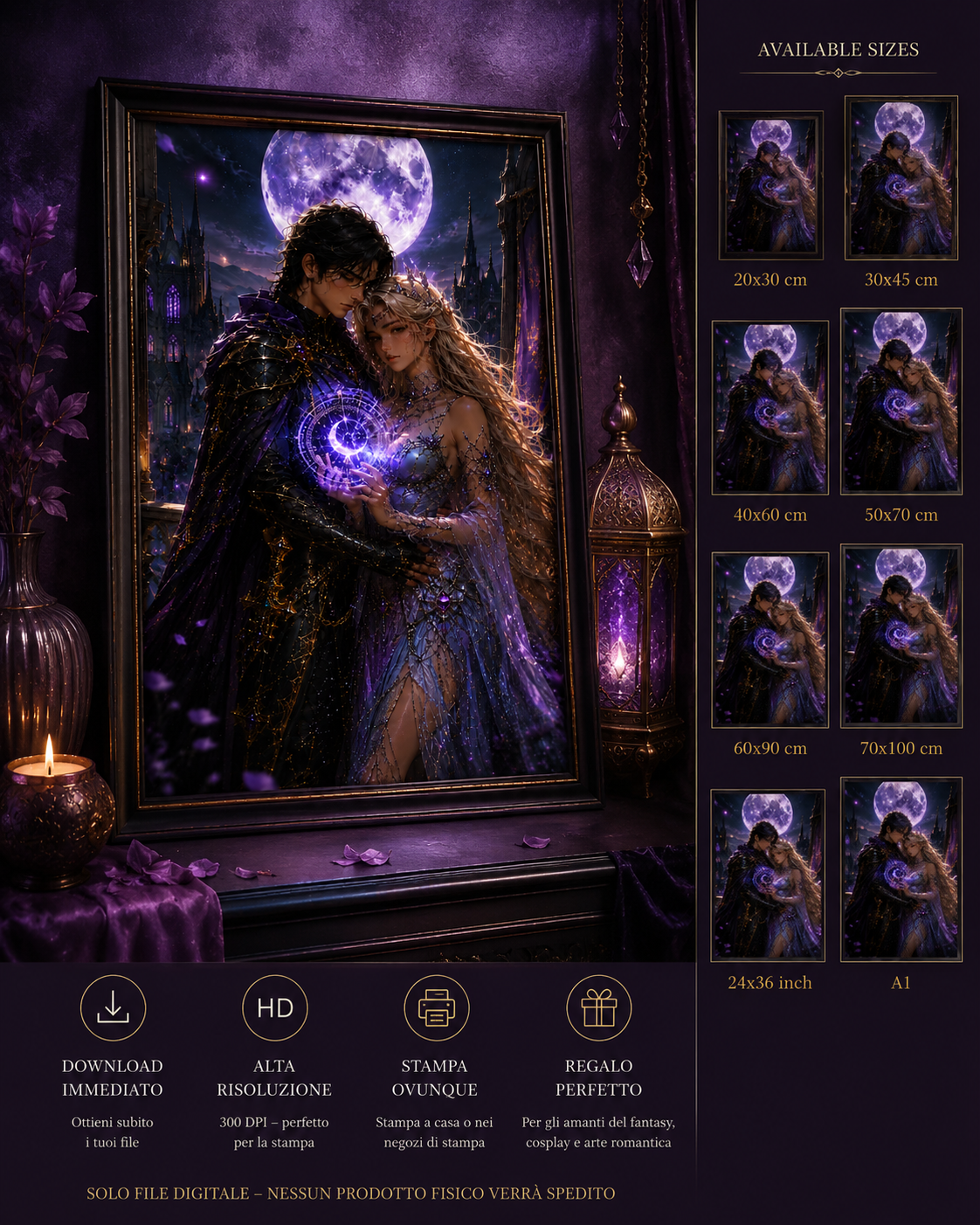 Prince and Princess – Poster Fantasy Romantico Digitale | Arte Gothica Viola HD | Download Istantaneo