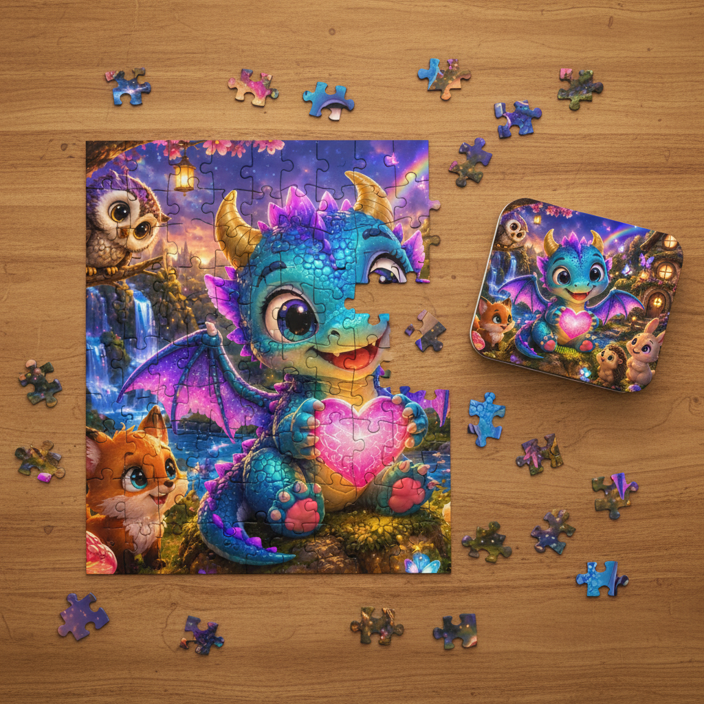 Puzzle dall'alto con scatola di latta